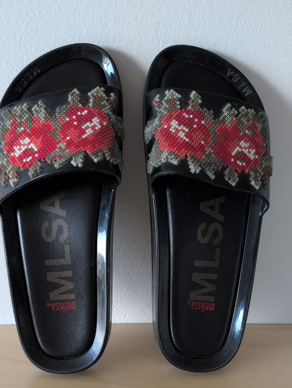 Melissa Black Slide Sandals with Red Floral Cross-Stitch